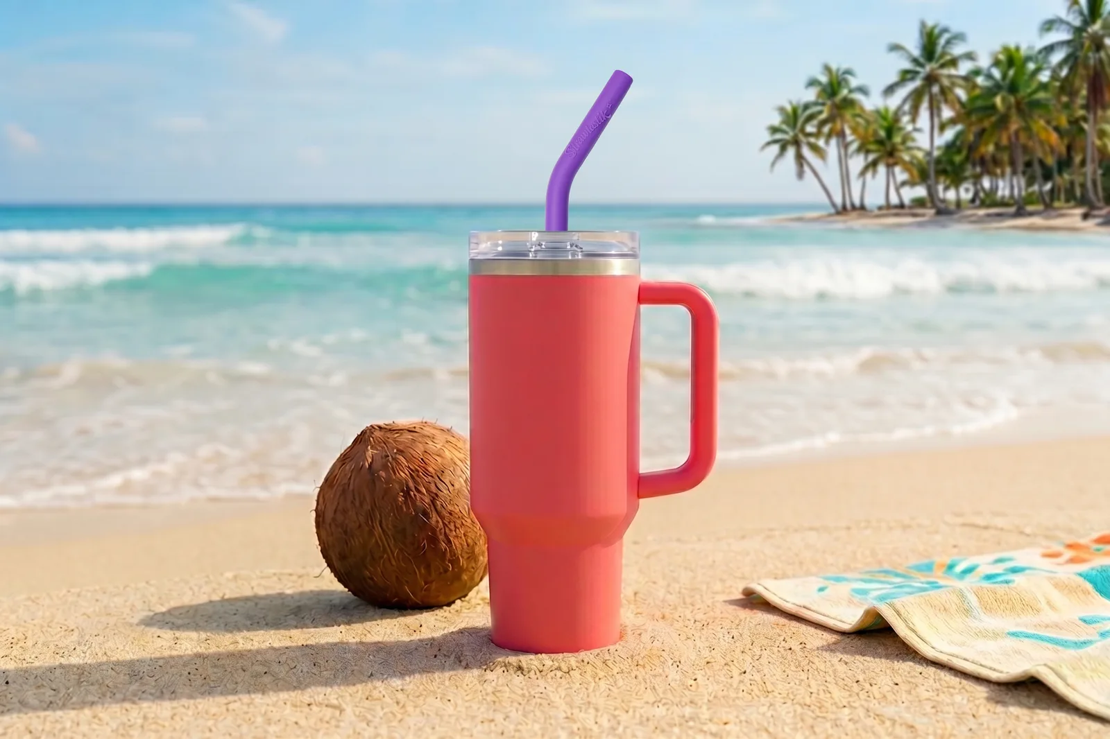 A coral travel tumbler with a purple Strawtastik straw on a sunny beach