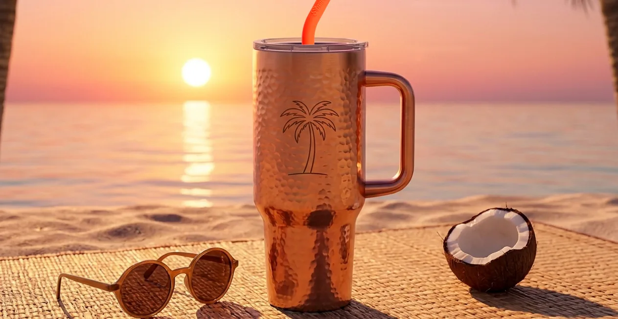 A copper travel tumbler with a Strawtastik straw on a beach at sunset
