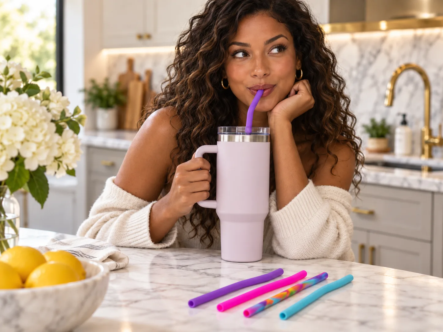 A woman sipping through a purple Strawtastik straw from a lilac tumbler at a kitchen counter, the other straws laid beside her