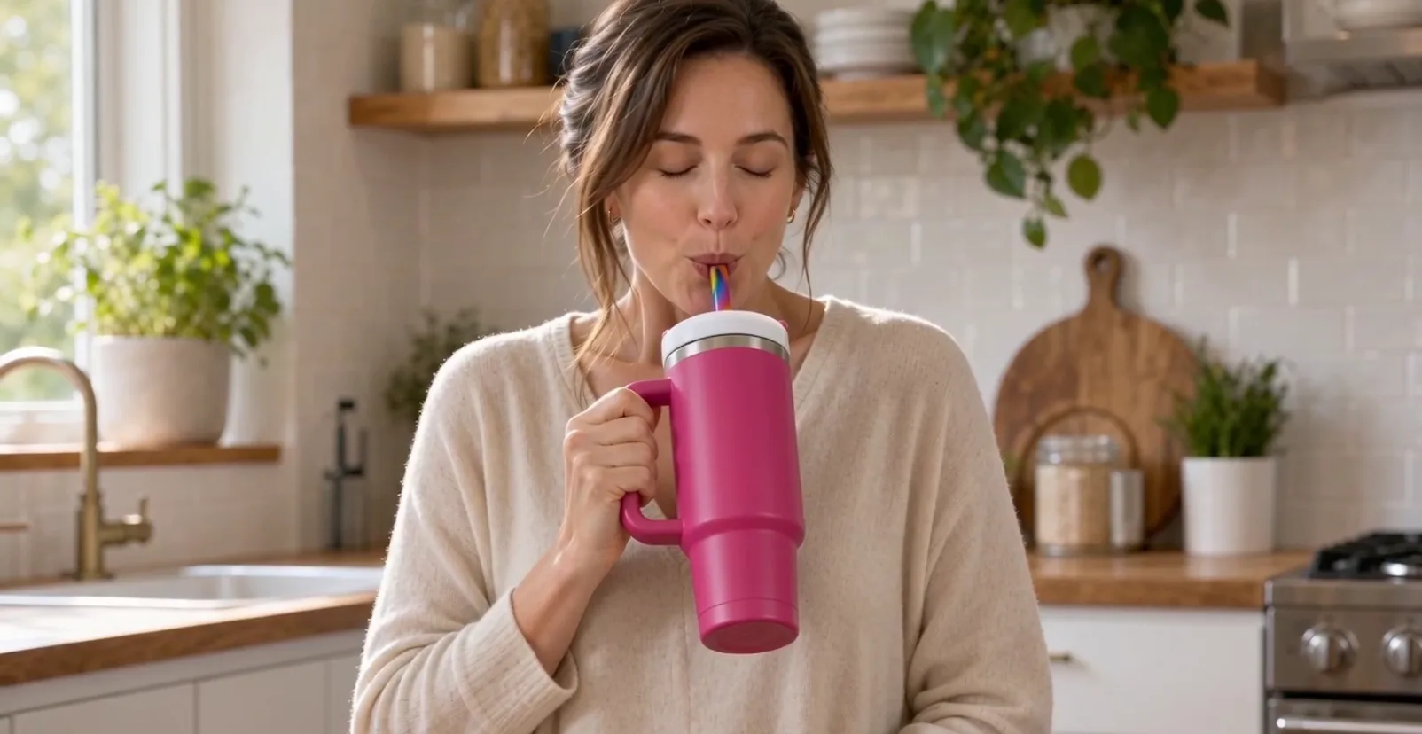 A pink insulated tumbler with a Strawtastik straw on a kitchen counter