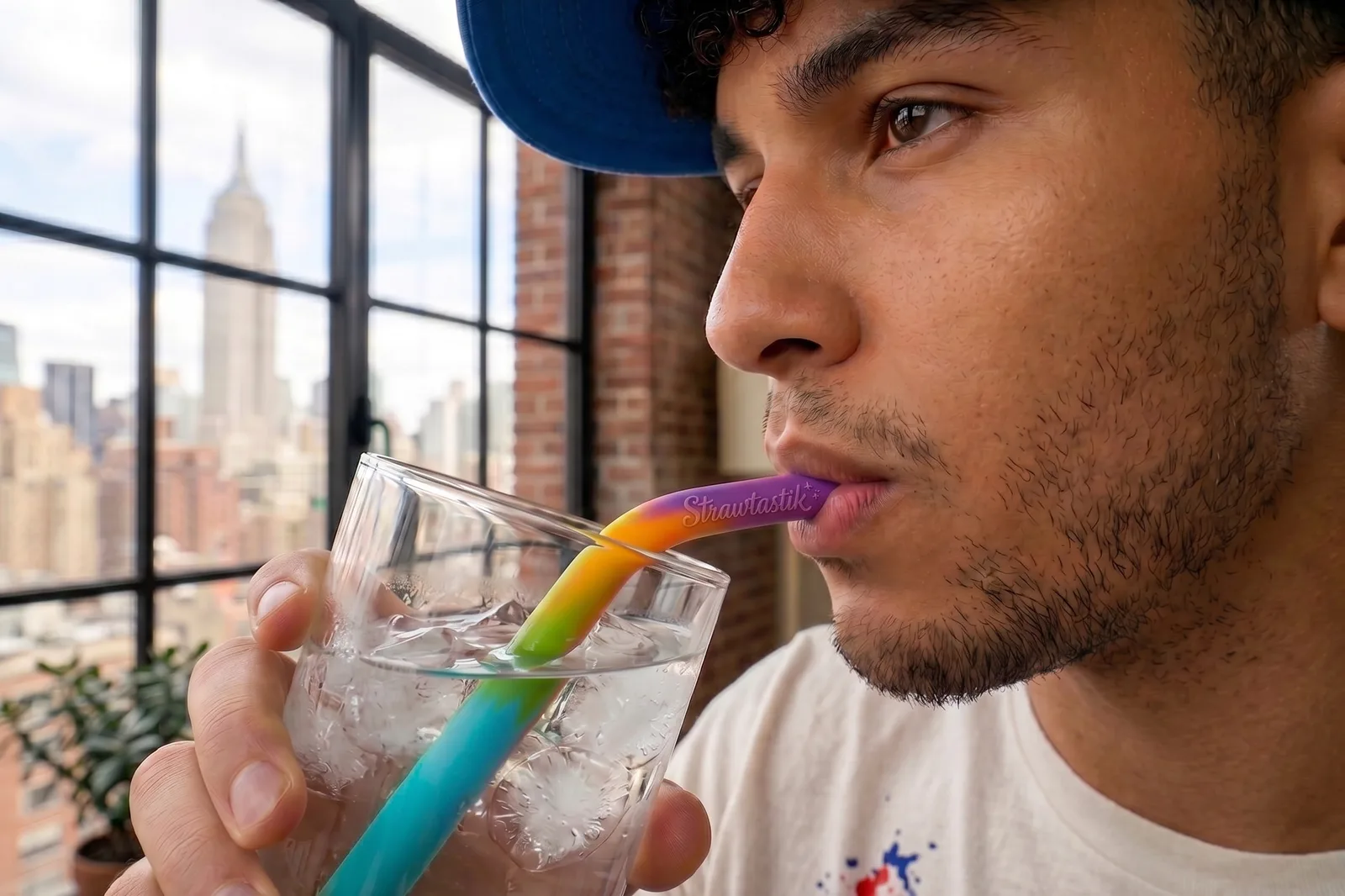 A man sipping iced water through a rainbow Strawtastik straw