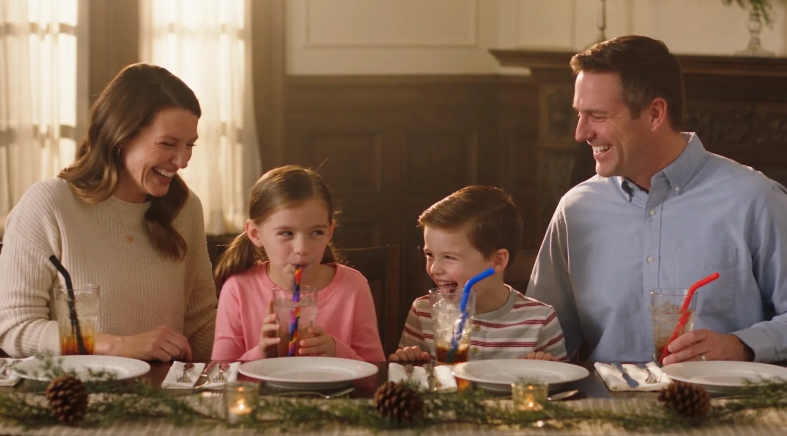 A family at dinner, each with a glass of water and a Strawtastik straw
