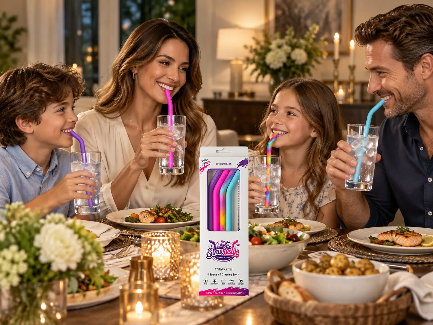 A family laughing around the dinner table with drinks and Strawtastik straws, the Brights box on the table between them