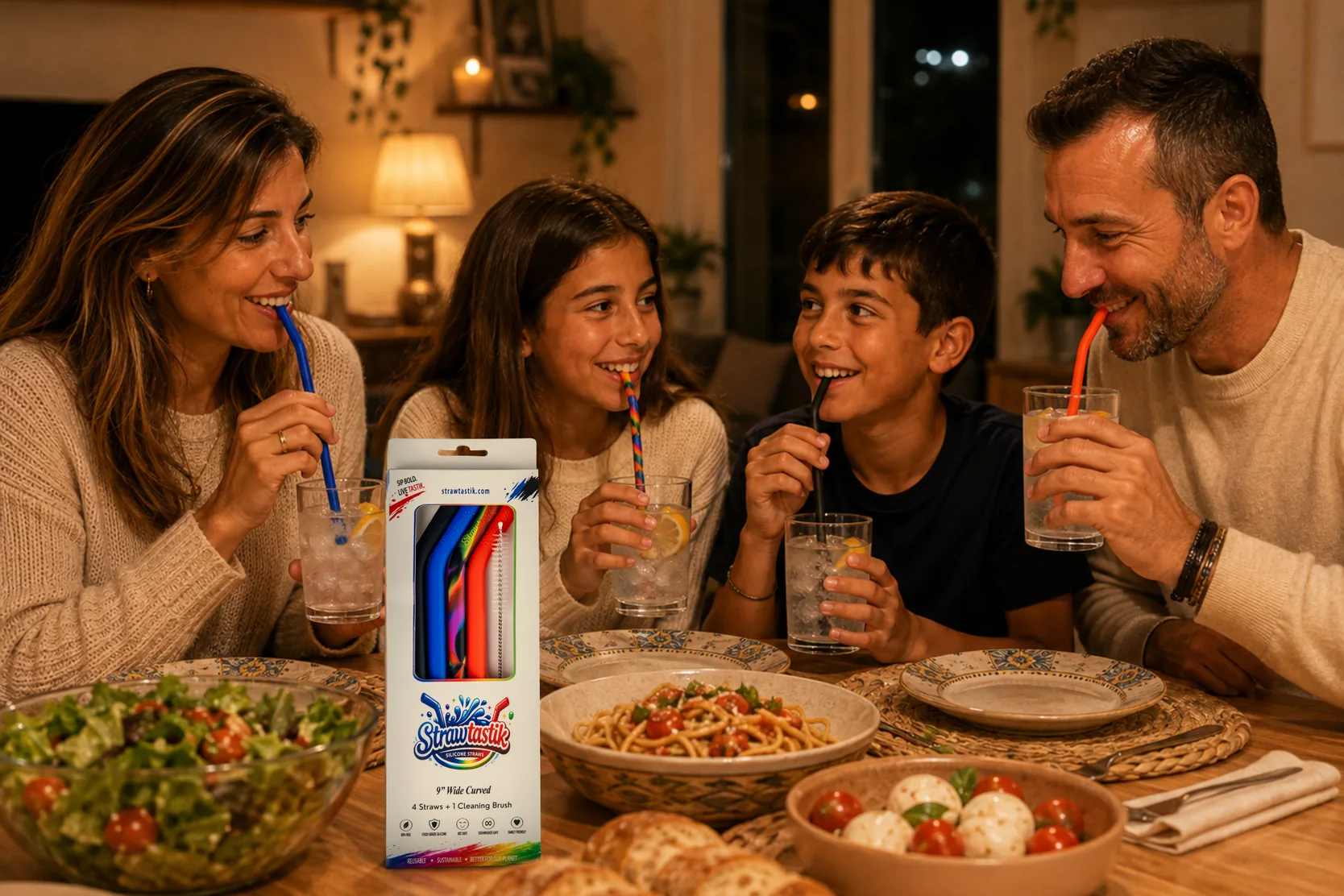 A family laughing around the dinner table with drinks and Strawtastik straws, the Classic box on the table between them