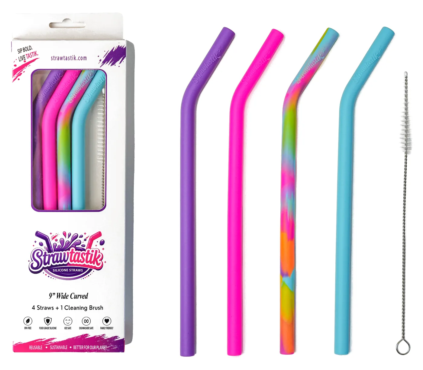 The Strawtastik Brights box beside its four bent silicone straws in purple, pink, rainbow and light blue, and the cleaning brush