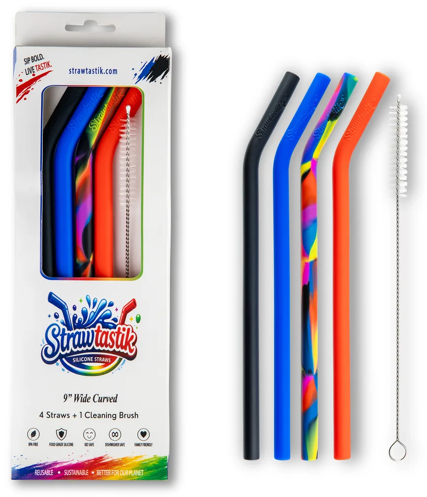The Strawtastik box beside its four bent silicone straws in black, blue, rainbow and red, and the cleaning brush
