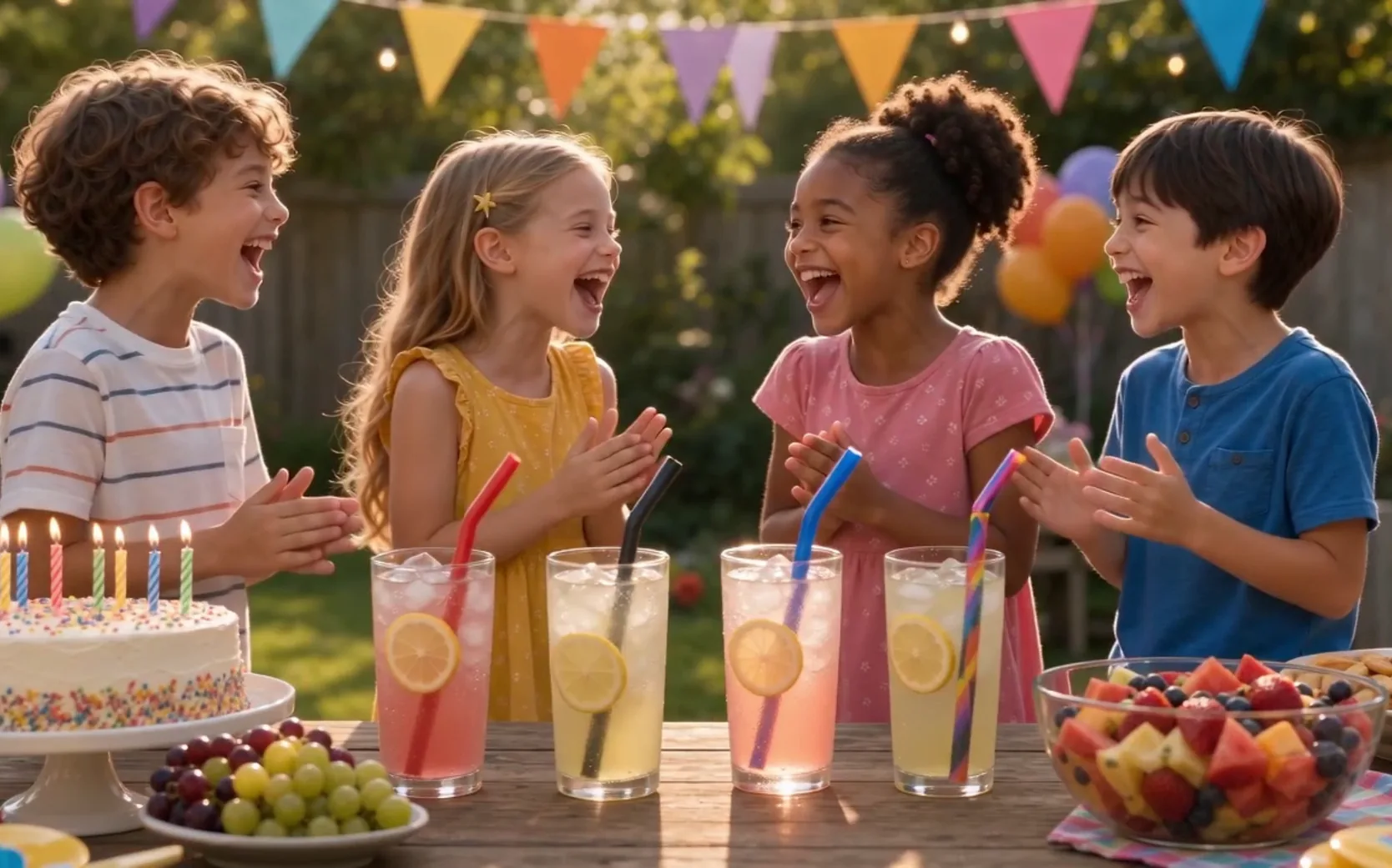 Four children at a garden party laughing over glasses of lemonade, each with a Strawtastik straw
