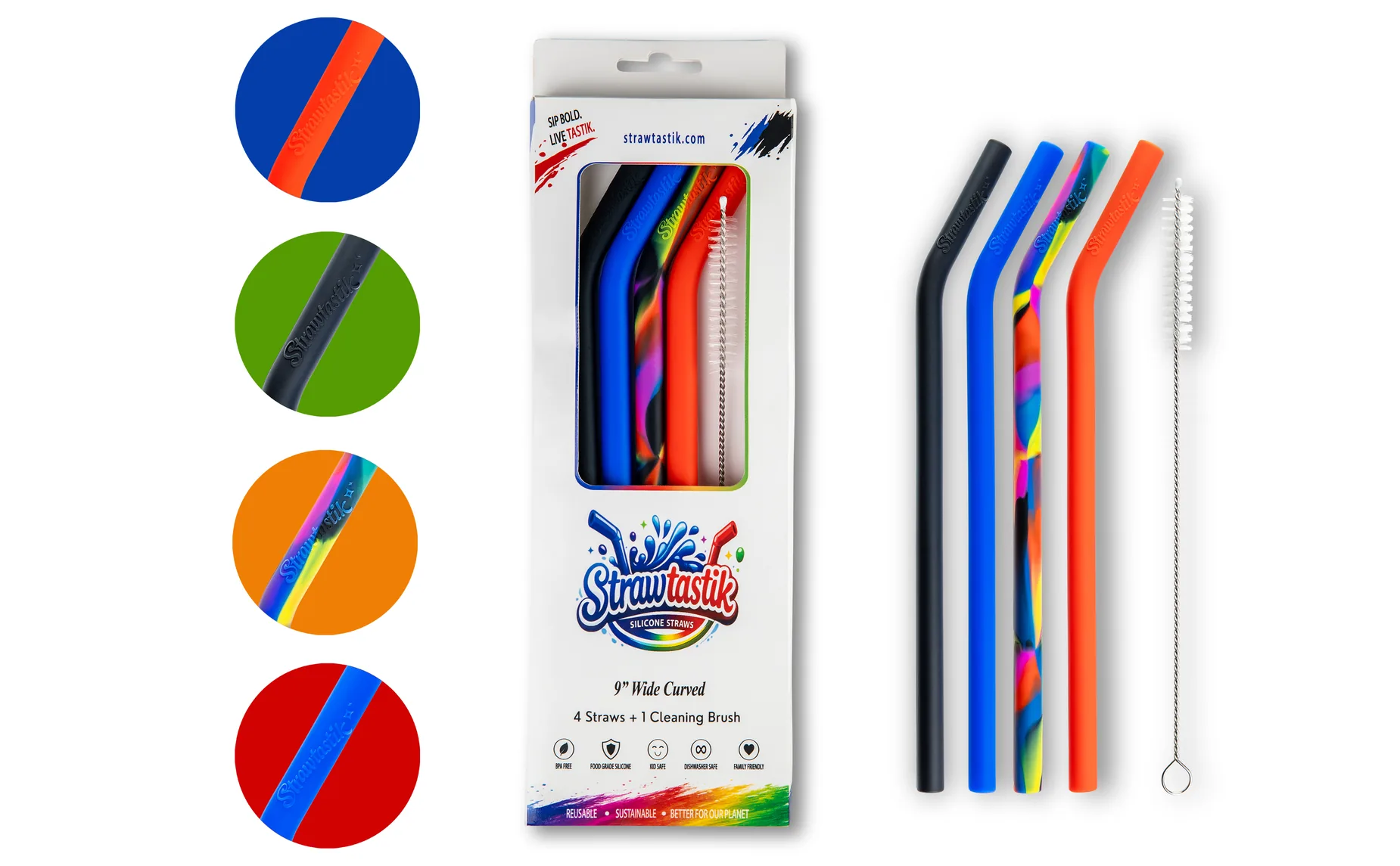 A Strawtastik Classic box beside its four straws, cleaning brush and color swatches