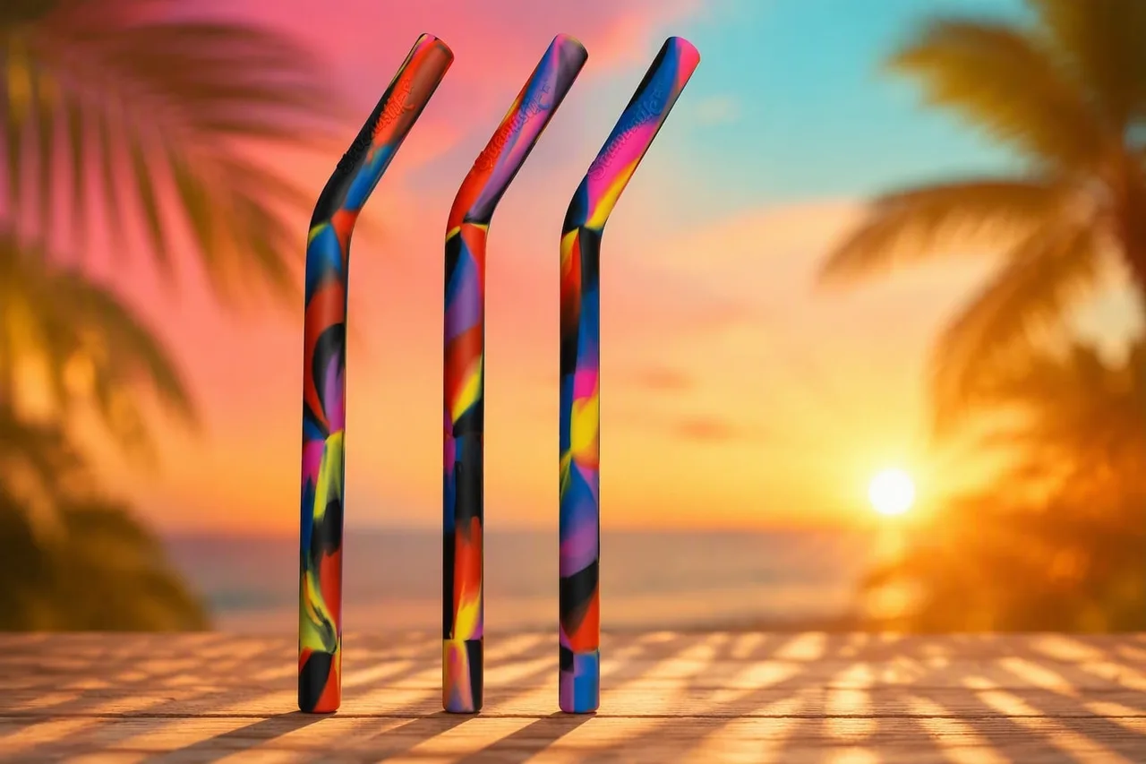 Three rainbow Strawtastik straws side by side, each swirled with a different mix of colors