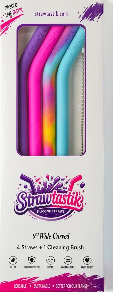 The Strawtastik Brights box, with purple, pink, rainbow and light blue straws and a cleaning brush in its window