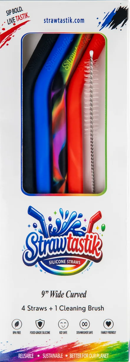The Strawtastik Classic box, with black, blue, rainbow and red straws and a cleaning brush in its window