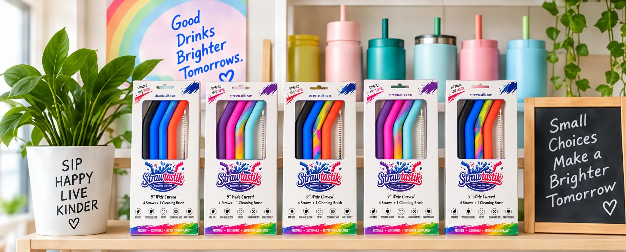 Strawtastik packs lined up on a bright retail shelf beside reusable tumblers