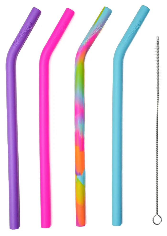 Four bent silicone straws in purple, pink, rainbow and light blue, and a cleaning brush