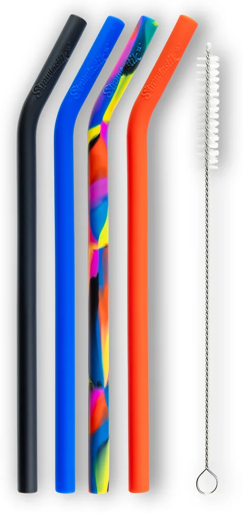 Four bent silicone straws in black, blue, rainbow and red, and a cleaning brush